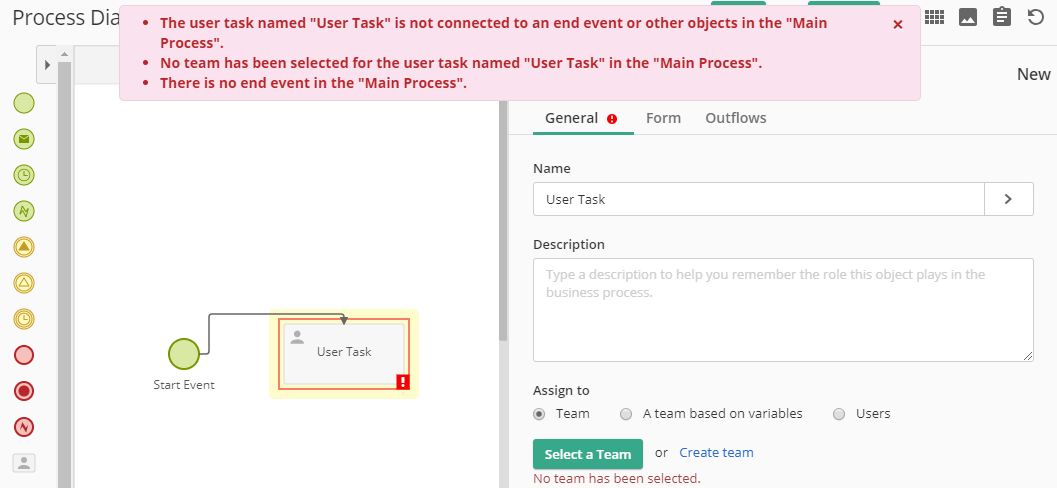 Validation errors in the process designer